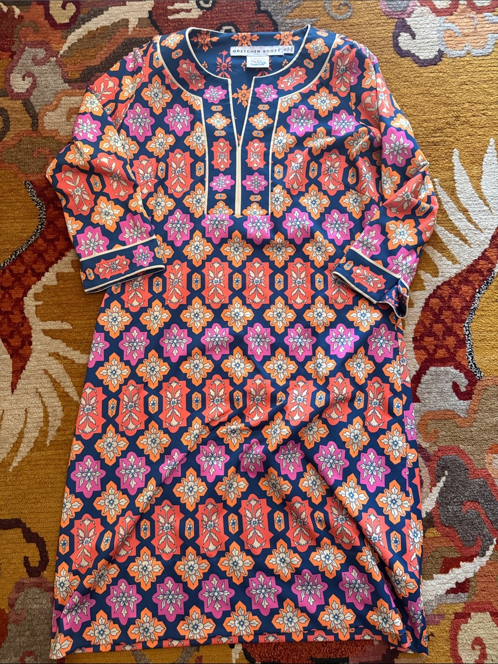 Gretchen Scott Navy Tunic Dress with Pink & Orange Floral Tile Print small